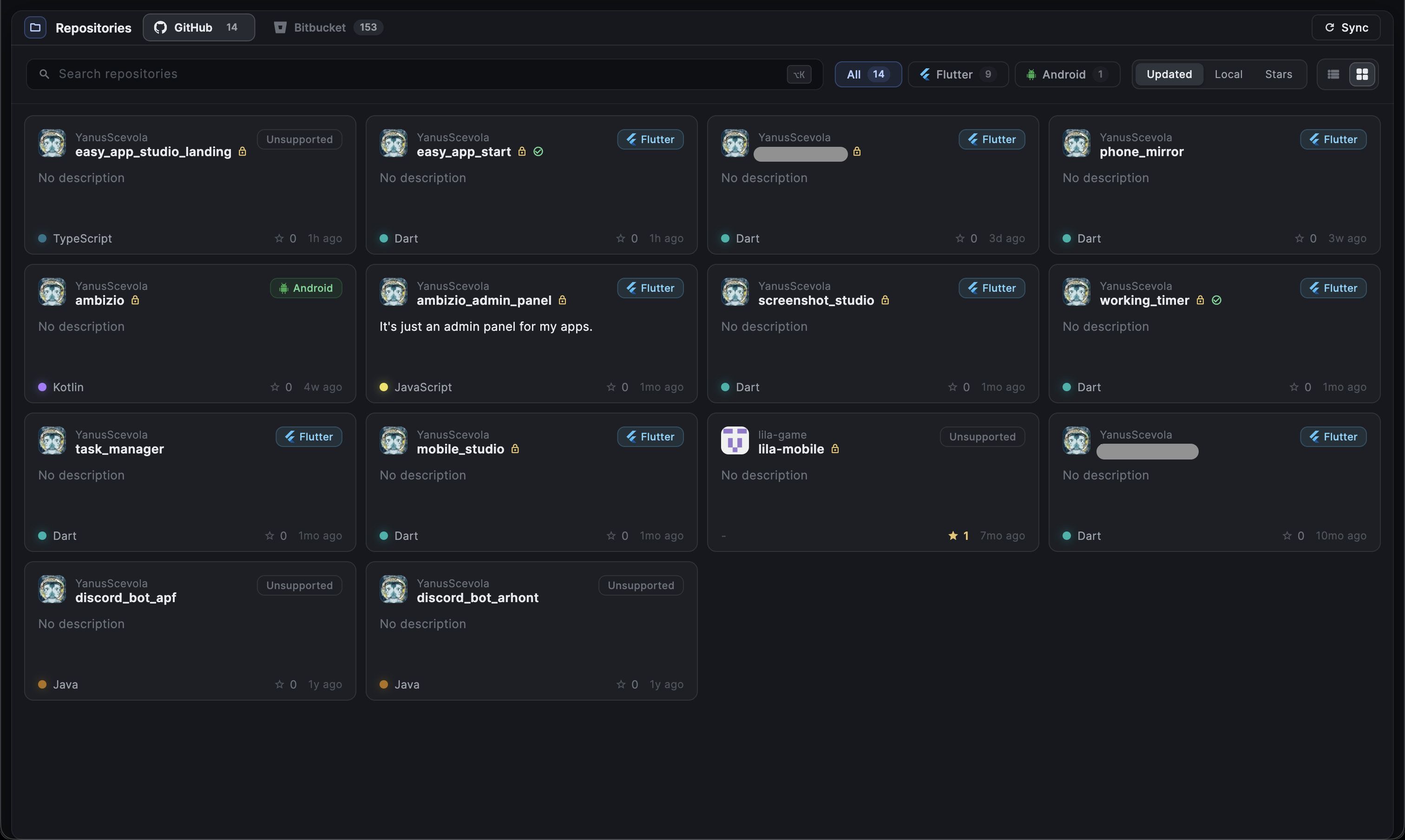 Easy App Studio repositories screen